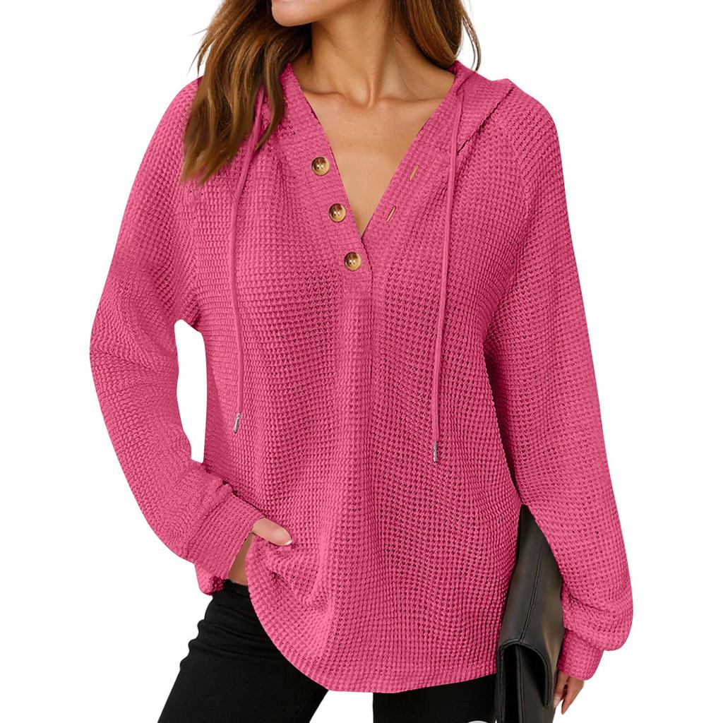 Женская модная толстовка с длинными рукавами, капюшоном на кулиске, V-образным вырезом на пуговицах, повседневный худи-топ