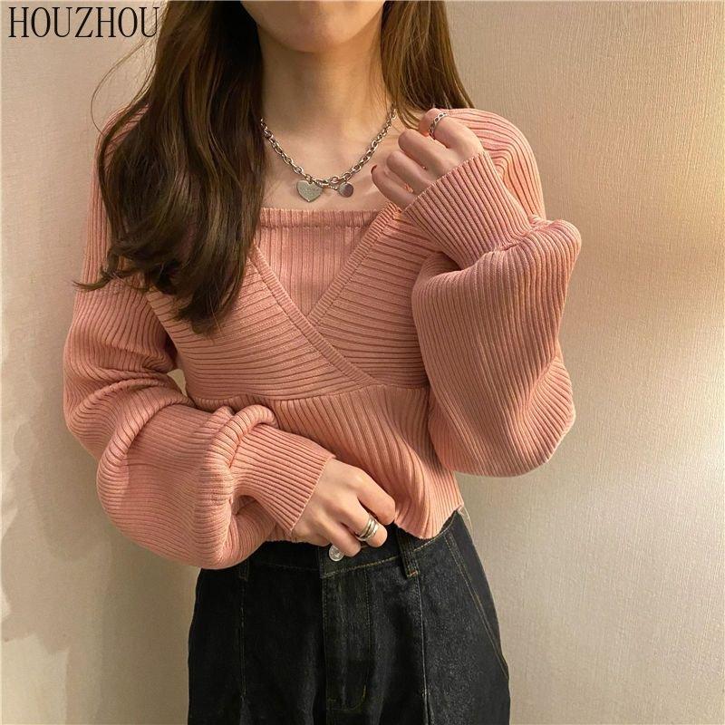 Дизайнерский вязаный свитер, весна-осень, рубашка с квадратным воротником, модный универсальный короткий свитер, топ с объемными рукавами