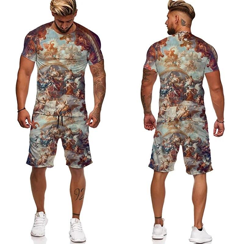 Новые мужские футболки с 3D принтом, шорты, винтажный топ, мужская футболка с короткими рукавами и круглым вырезом, летние комплекты футболок большого размера, мужской спортивный костюм