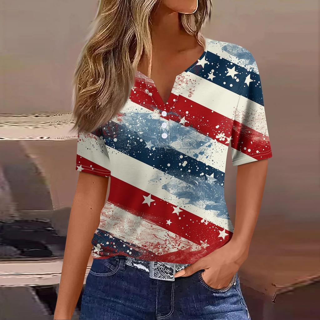 Жен. Футболка Футболка День независимости С принтом Пуговицы С короткими рукавами Повседневные Выходные Мода Классический Классический V-образный вырез Обычный Топ