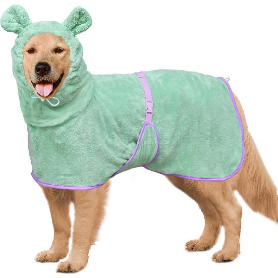 Dog Bathrobe Super Absorbent Towel Robe - Microfiber Bath Towels Fast Drying Coat for Dogs, Cute Dogs Clothes Adjustable Collar & Belly Strap Warm