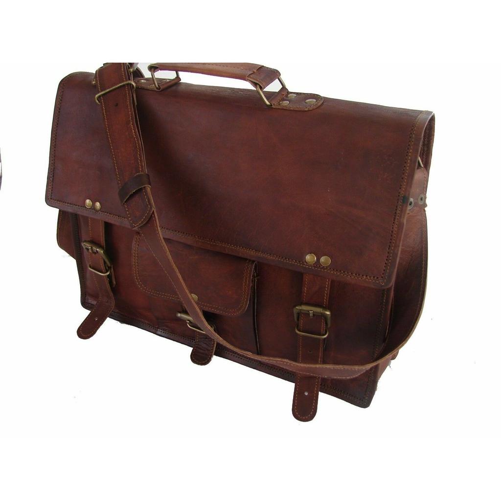 New Brown Genuine Vintage Goat Leather Laptop Messenger Briefcase Satchel Bag