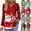 Women's Fashionable Casual V-neck Blouse Button Christmas Printed Long-sleeved Pullover T-shirt Top