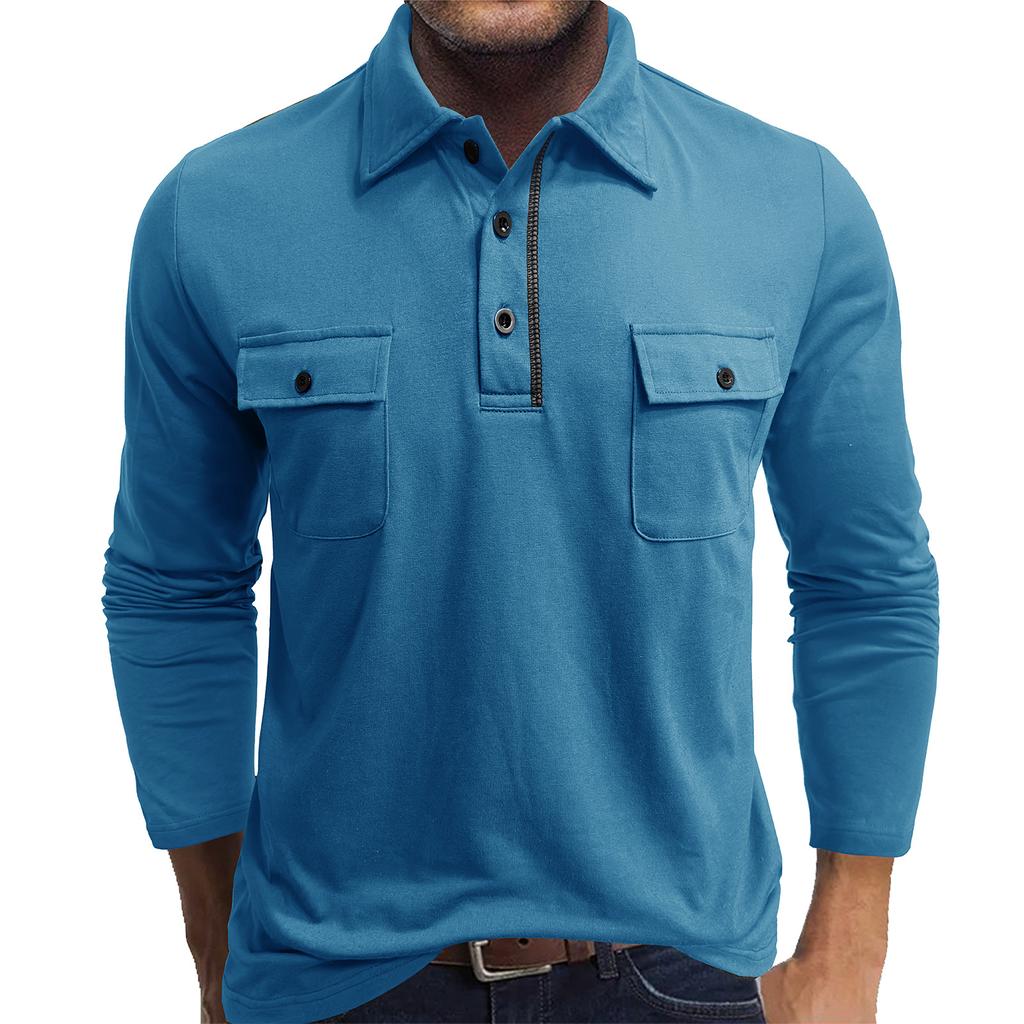 Men's Long Sleeve Polo Shirt with Button-Down Collar and Chest Pockets, Multiple Colors