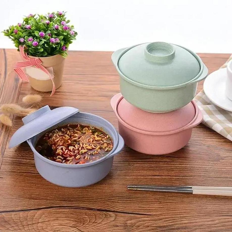 Kitchen Household Tableware Solid Color Lunch Tray Dishes Soup Bowl Lid Dinnerware Pure Natural Wheat Straw Bowls Tools