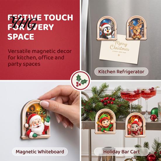 Natural Wood Holiday Accents Arch Wooden Christmas Fridge Magnet Set, Window Frame Magnetic Decor for Refrigerator Metal Surface, Festive Gift