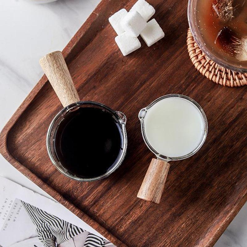 Стеклянная мерная кружка для эспрессо с деревянной ручкой, мини-стеклянная кружка для молока, принадлежности для кофейни, прозрачная мерная кружка для кухни, кофейная посуда