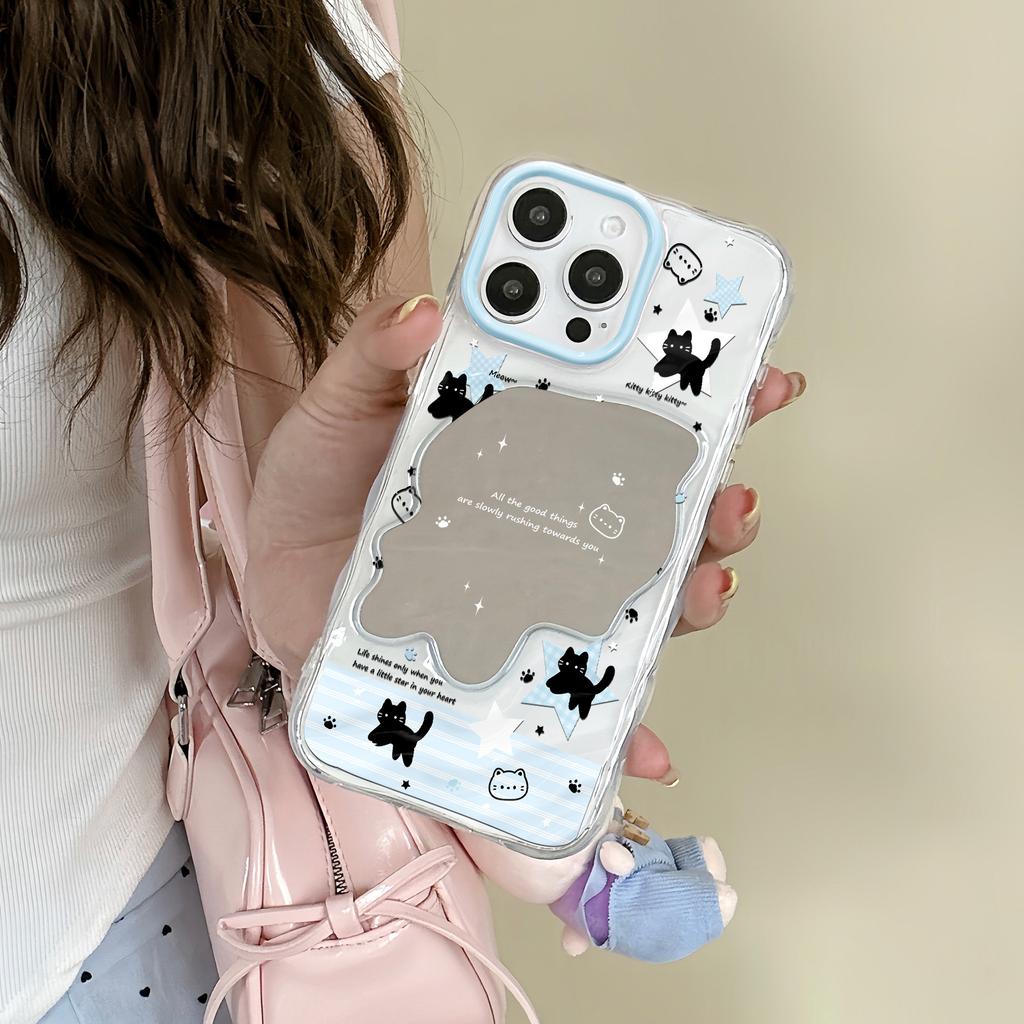 English black cat wave mirror is suitable for Apple 16/15/iphone13promax Huawei makeup mirror mobile phone case