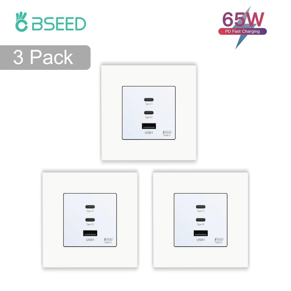 BSEED EU Настенная розетка с двойным портом USB Type-C 65 Вт для быстрой зарядки телефона и ноутбука Матовая пластиковая рамка 1/2/3/4 шт.