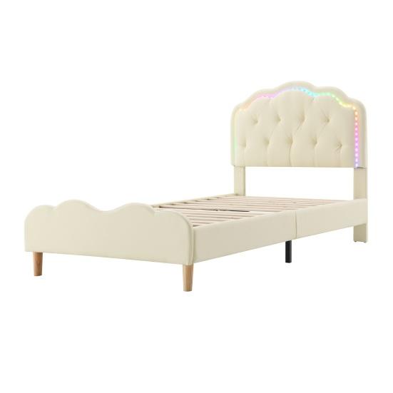 Girls Bed Upholstered Running Light Effect Higher Feet Without Mattress Wavy Headboard Princess Changing LED Strip Sleep Faux Leather Dorm Apartment