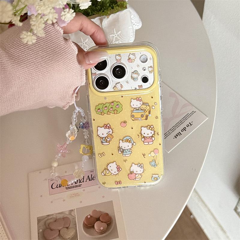 Высококачественный чехол для iPhone 17/16 Pro Max/15 Pro с мультяшными кошками на желтом фоне