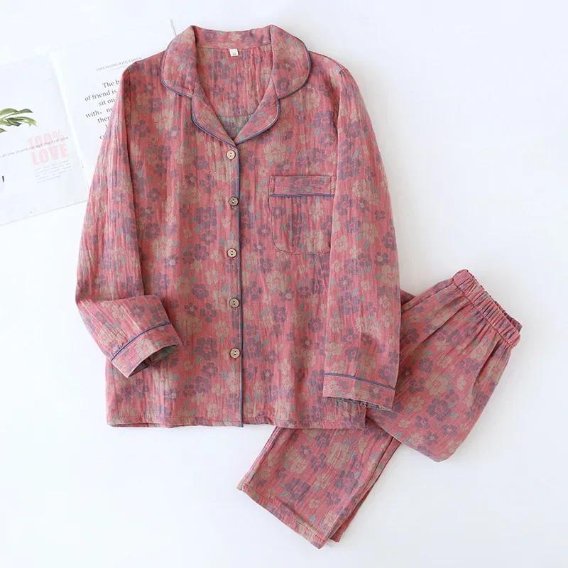 Новая весенне-летняя женская пижама, костюм с длинными рукавами, брюки, комплект из двух частей, 100% хлопок, креп, цветы, листья, домашняя одежда