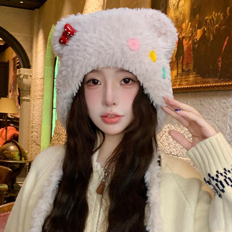 Cute Button Bear Ears Plush Knitted Hat Children'S Season Warm Ear Protection Cold Wool Hat Head Hat