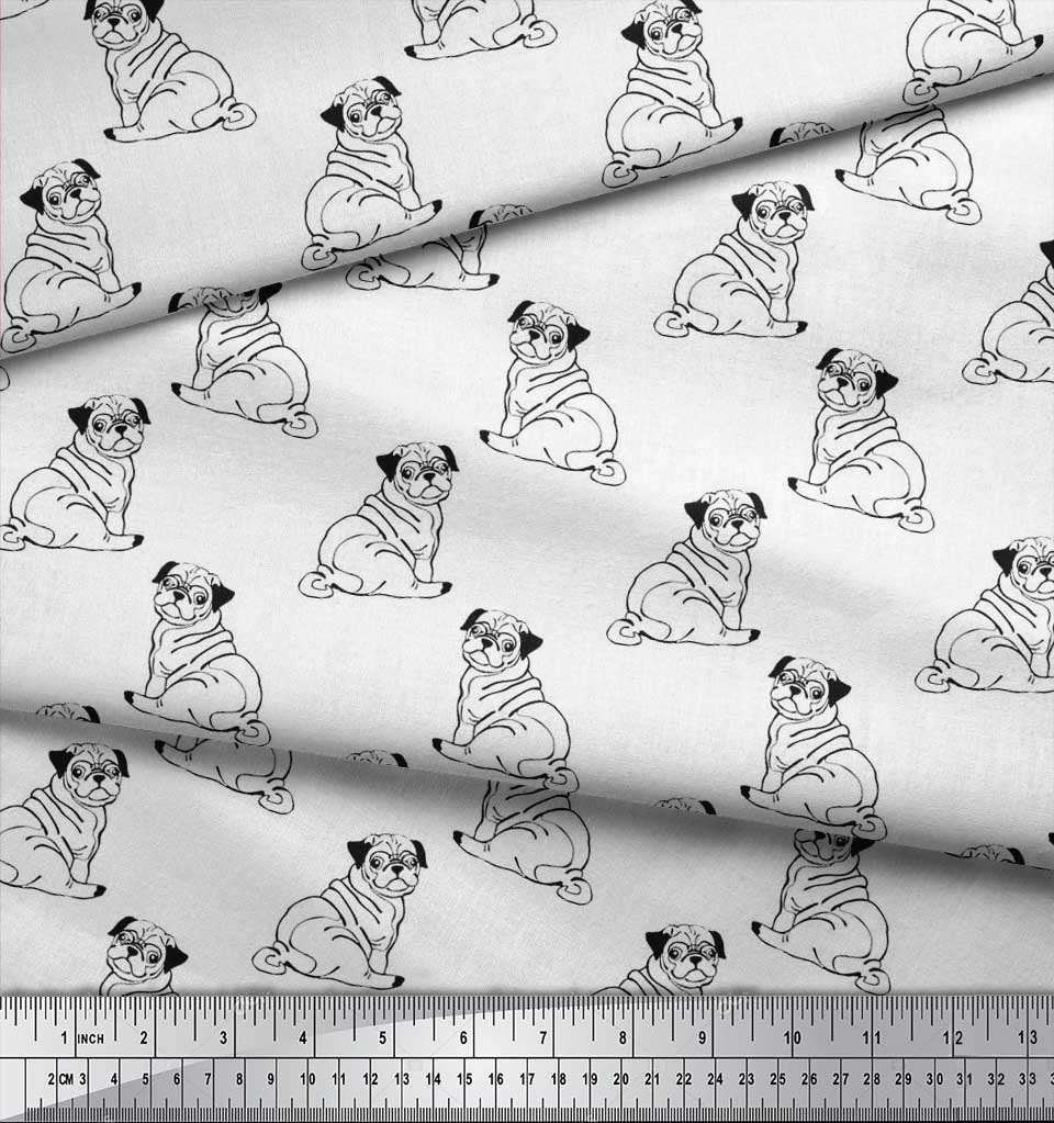 Soimoi Japan Crepe Satin Fabric Pug Dog Print Fabric by Metre 42 Inch Wide