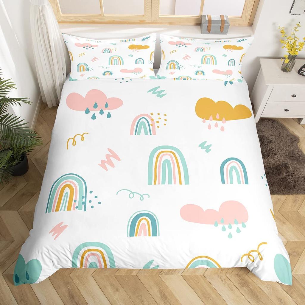 Lovely Rainbow Duvet Cover Sun Crown Cloud Rain Bedding Set Stick Figure Art Comforter Cover Kids Bedroom Polyester Quilt Cover