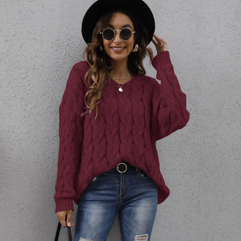 Autumn and Winter Women's Thickened Twist Knit V-Neck Hooded Loose Pullover Sweater