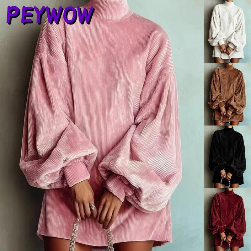 PEYWOW Женская мода осень-зима сплошной цвет печати с длинным рукавом и круглым вырезом повседневные платья