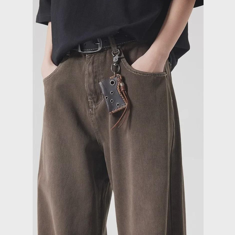 Модные свободные джинсы прямого кроя унисекс коричневого цвета, выстиранные и окрашенные