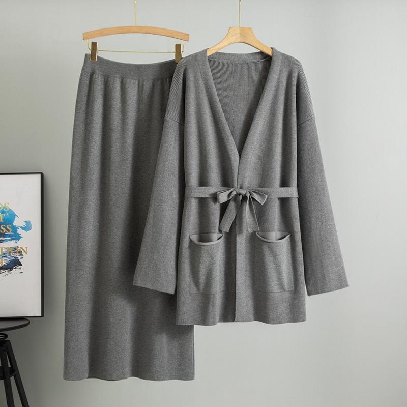 Плюс размер женская весенняя новая V-образная горловина свободная трикотажная юбка стильный кардиган комплект из двух предметов