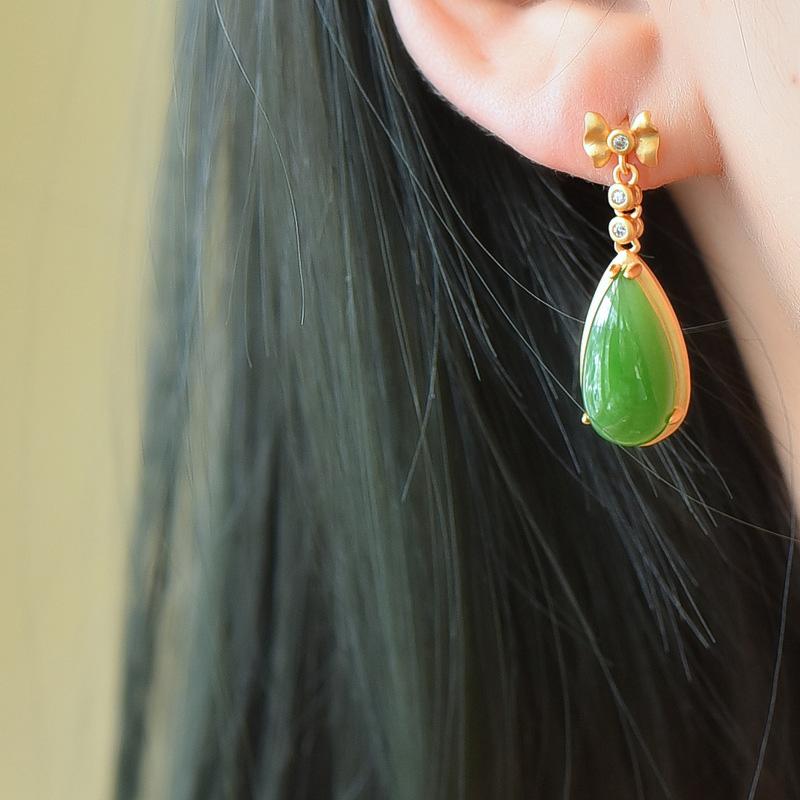 Classic Ancient Gold Craft Inlaid Bowknot Crystal Natural Hotan Jasper Earings for Women New In Long Creative Eardrop Jewelry