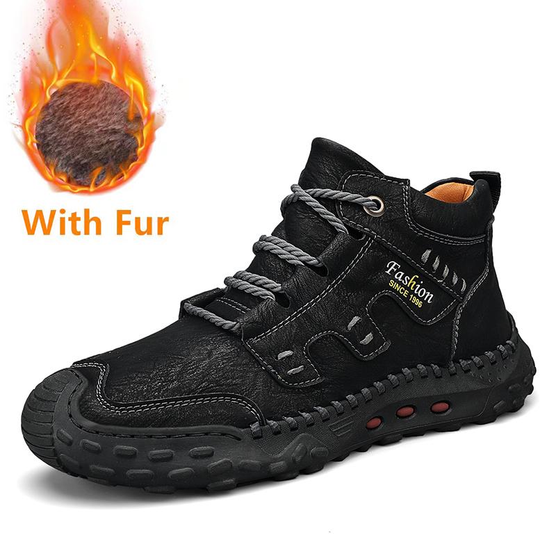 Vintage Style Men Hiking Shoes Fashion Walking Ankle Boots Comfortable Warm Winter Basic Boots Genuine Leather Male Casual Shoes