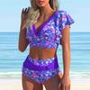 Women's Shoulder Strap Swimsuit with Floral Brocade Print Bikini Short Tank Top Swimsuit