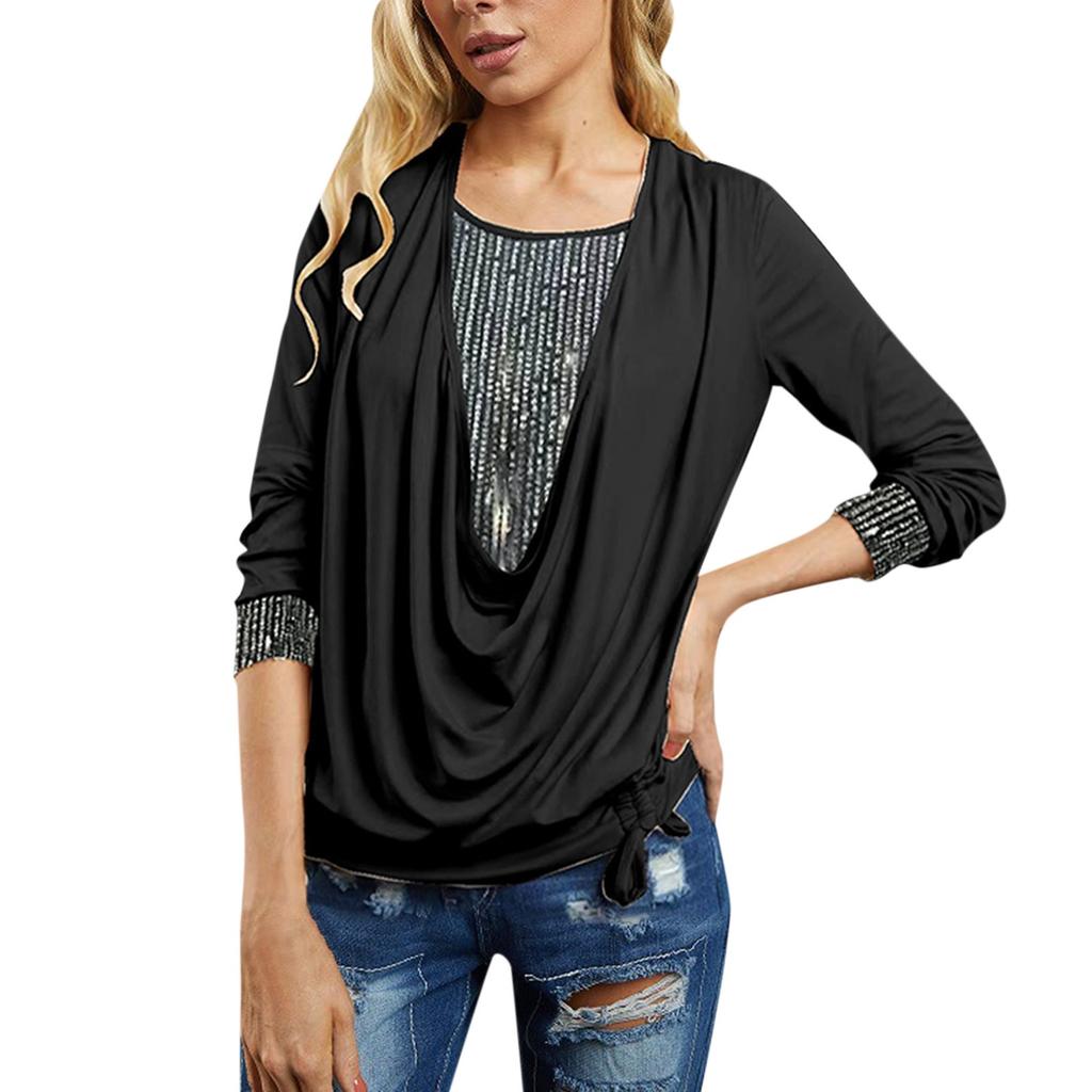 Женский сплошной цвет с блестками и длинным рукавом, большой воротник с подвеской, свободный топ из двух частей с завязками