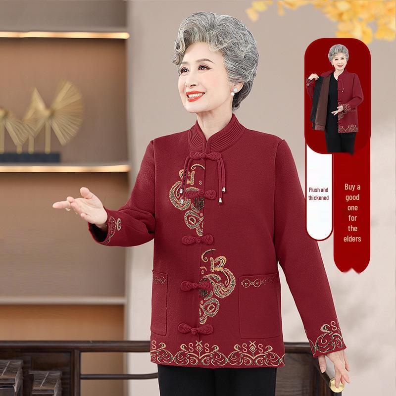 Женский вязаный жаккардовый свитер - в китайском стиле с застежкой-пуговицей в виде лягушки, с плюшевой подкладкой, осенне-зимнее пальто для женщин среднего и пожилого возраста
