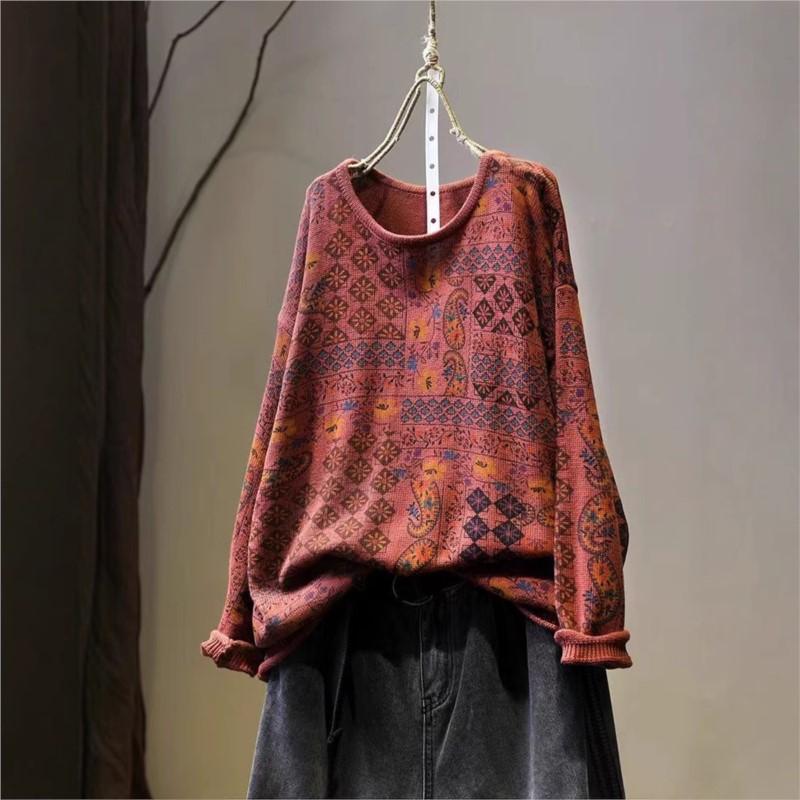 Johnature Vintage Print Loose Casual O-Neck Sweater Woman Winter Niche Long Sleeves Retro Personality Sweaters