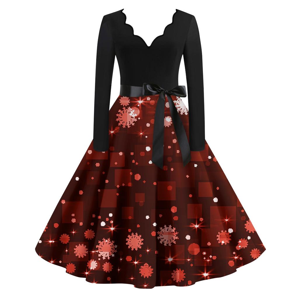 Женские повседневные модные длинные платья с рождественским графическим принтом и длинными рукавами в винтажном стиле