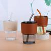 Vertical Pattern Bamboo Cup Glass Transparent Household Striped Water Cup Office Straw Cup with Lid Ins Style Coffee Cup