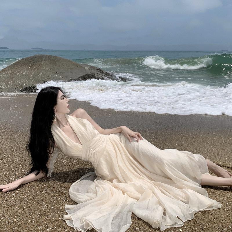 Women's Summer Sleeveless Hanging Neck Gentle Temperament Waist Long Dresses