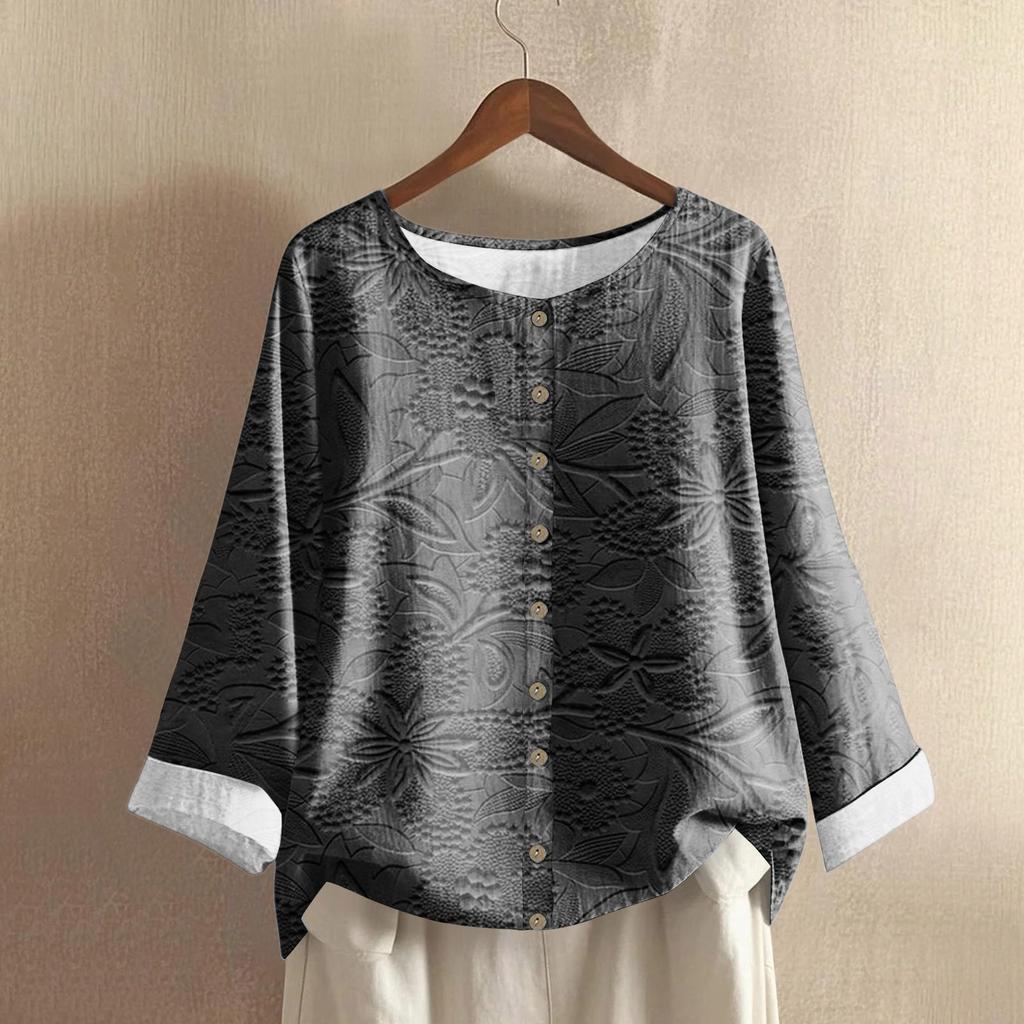 Женская модная и повседневная рубашка с длинным рукавом, круглым вырезом и принтом, блузка-топ из хлопка и льна