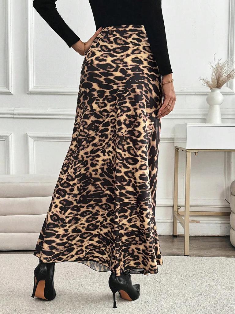 SHEIN 2025 Женская облегающая юбка с высокой талией и леопардовым принтом - Свободный крой, Длина макси