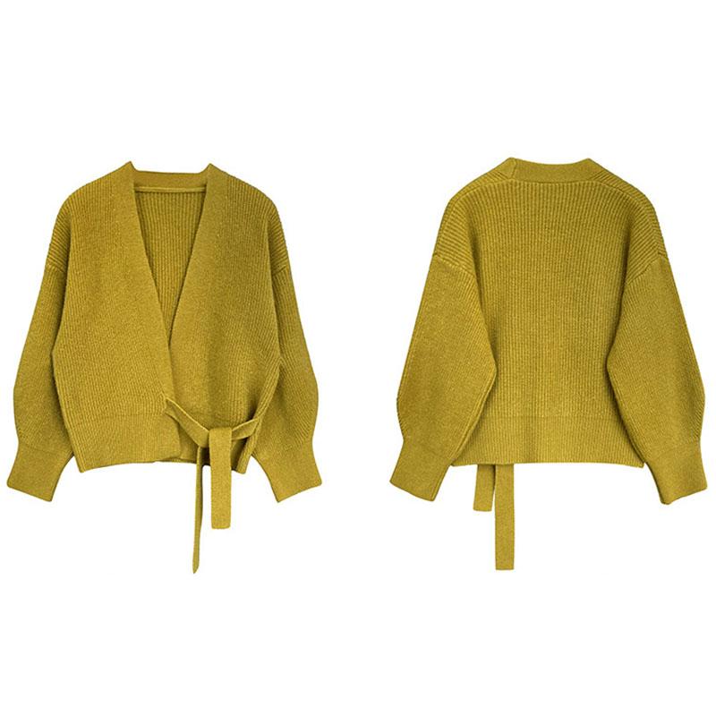 Усовершенствованный свитер, трикотаж, женский вязаный кардиган, осень-зима, галстук с v-образным вырезом, милые короткие вязаные топы с длинными рукавами