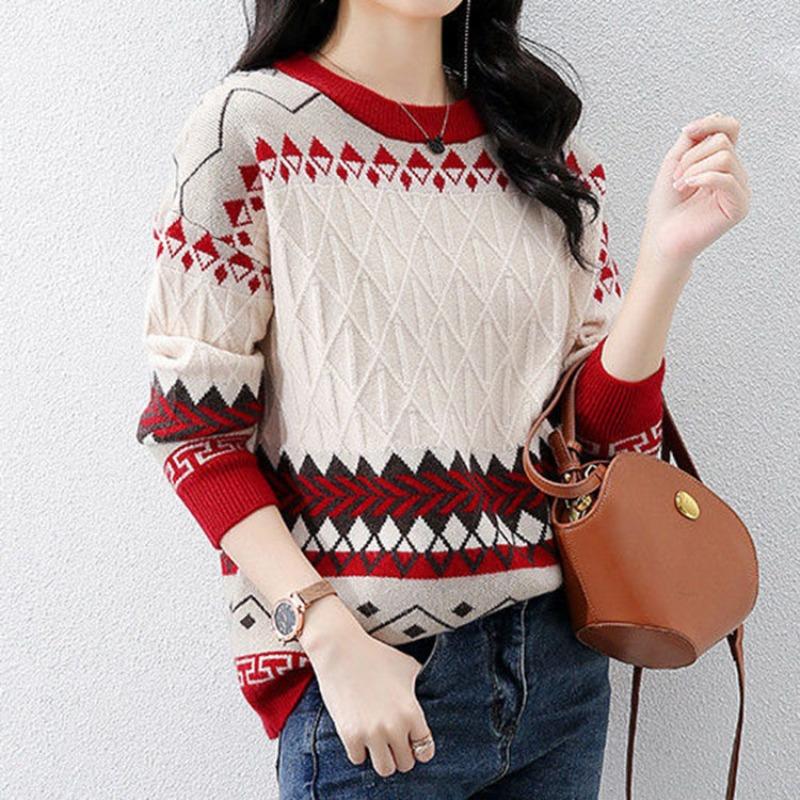 Осенне-зимний свитер женский корейский вариант ромбовидная сетка контрастный жаккардовый цвет круглый вырез длинный рукав повседневный трикотажный самарий женский интерьер