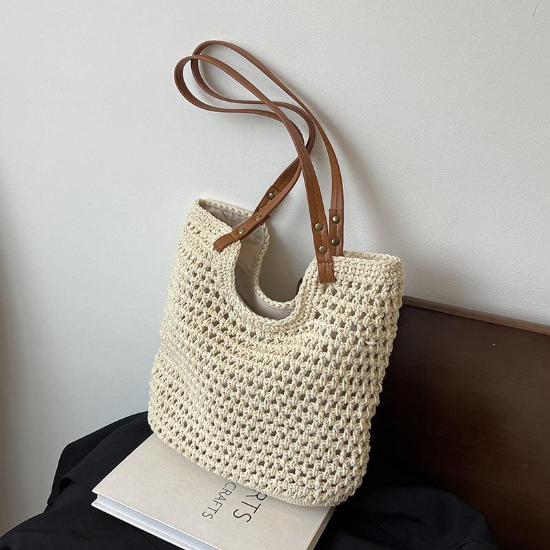 Straw bag women's large capacity 2025 new summer leisure shoulder bag shopping bag hollow woven bag beach bag