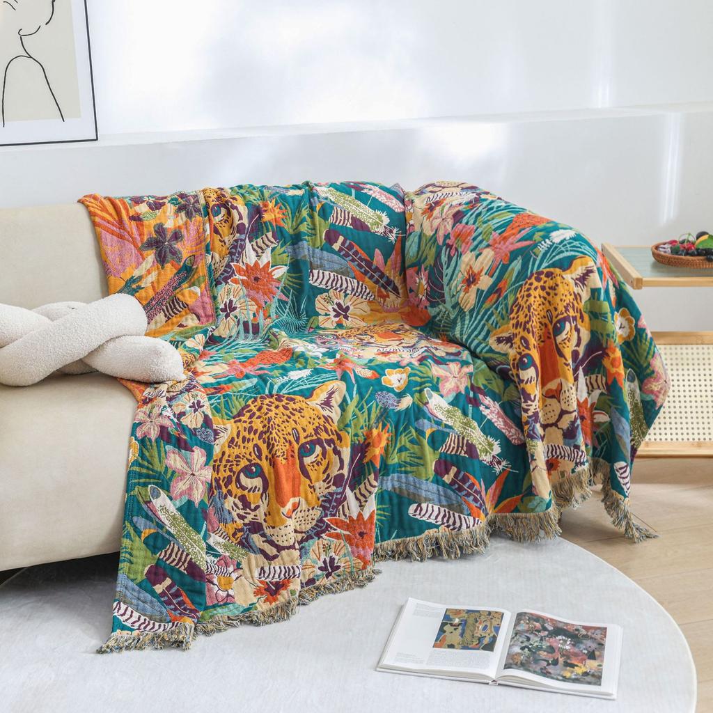 Animal Flower Non-Slip Sofa Towel Cover, Double-Sided Bedspread, Jacquard Cotton Gauze, 200*230 Cm, High Quality, Four Seasons