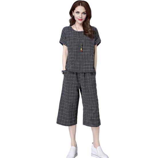 Женский клетчатый комплект из 2 предметов: повседневный комплект из топа с круглым вырезом, короткими рукавами, укороченными брюками и карманами, летний свободный комплект для отдыха