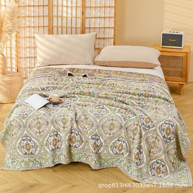 Four-layer Gauze Towel Quilt, 100% Cotton, Floral Bed Sheet, Golden Pastoral, Adult