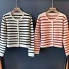 Women Autumn Sweaters O-neck Stripe Knitted Cardigan Fashion Long Sleeve Casual Short Tops
