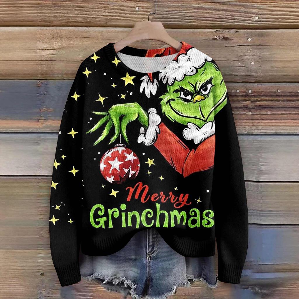 Пуловеры с длинным рукавом для женщин, с круглым вырезом, повседневные, милые, с принтом, вязаные, оверсайз