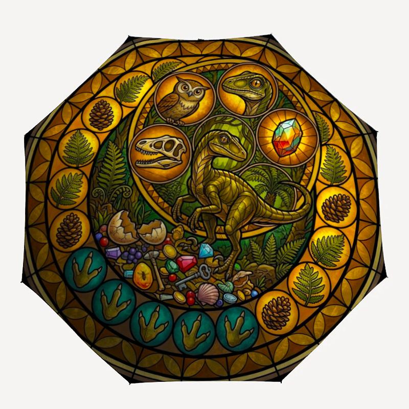 Dinosaur Glass Art pattern umbrella, portable and foldable design, 8 ribs, a casual accessory for Halloween, Christmas, and birthday gifts.