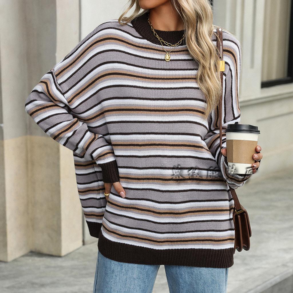 2024 Осень/Зима Новый Европейский И Американский Вязаный Полосатый Трикотажный Свитер Женский Большой Круглый Вырез С Капюшоном
