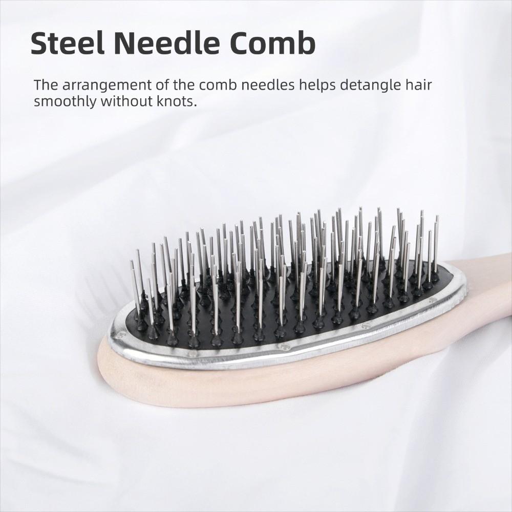 Wooden Handle Anti Static Steel Comb Detangling Hair Extensions Wig Brush  Household