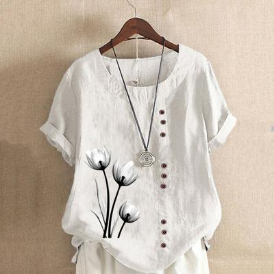 Женская летняя футболка с короткими рукавами и круглым вырезом, пуловер с пуговицами, декор с цветочным принтом, винтажный стиль, женский топ