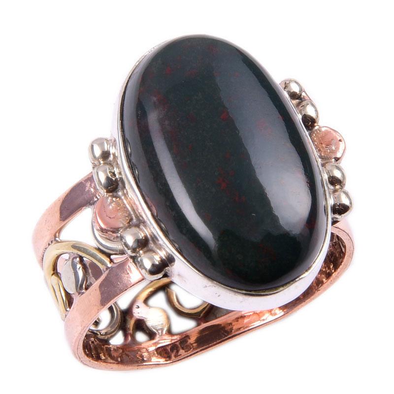 Natural Bloodstone Gemstone Handmade 925 Sterling Silver Two Tone Ring S.8 c6z94