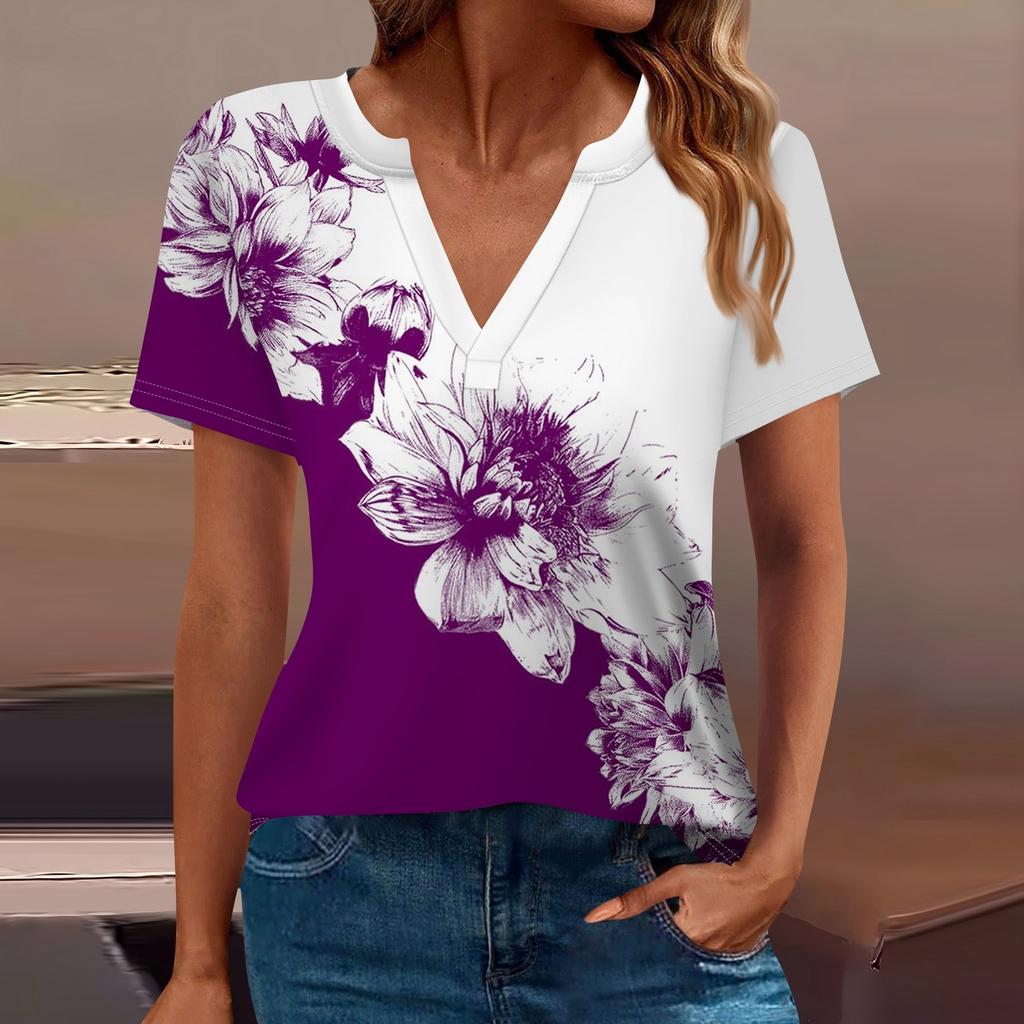 Женская футболка Футболка с принтом с коротким рукавом Повседневные выходные Мода Базовый топ с V-образным вырезом Обычный топ