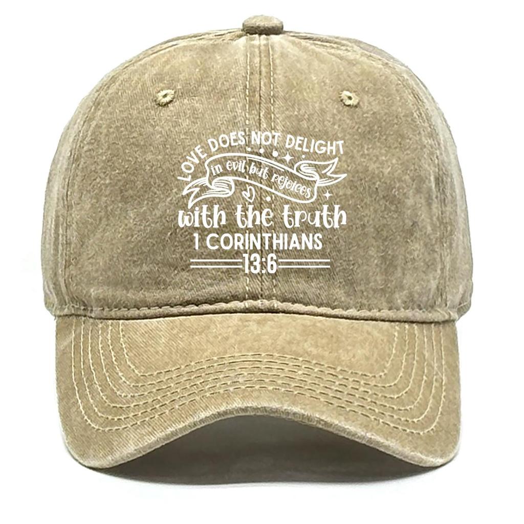 Bible Verse Print Snapback Baseball Cap, "LOVE DOES NOT DELIGHT" Dad Hat Summer Retro Vintage-Inspired Sporting Adjustable Baseball Hat