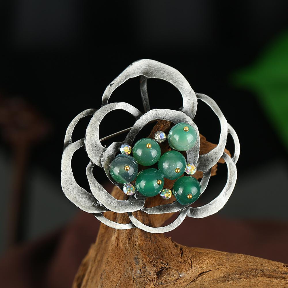 Retro Natural Agate Brooch High-end Classical Temperament Literary and Versatile Plant Pin Coat Cardigan Corsage Accessories